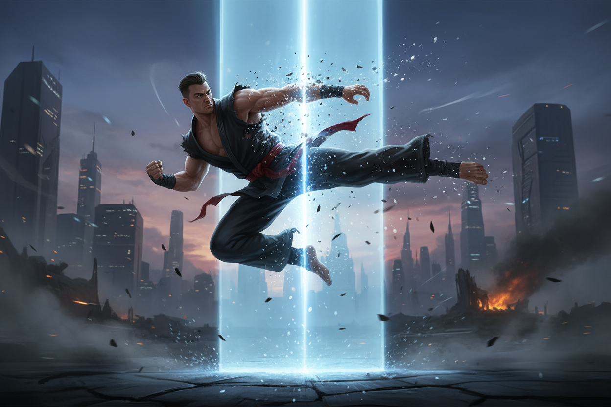 A muscular martial artist in a black gi performs a flying kick in front of a glowing blue portal against a backdrop of a futuristic, war-torn city.
